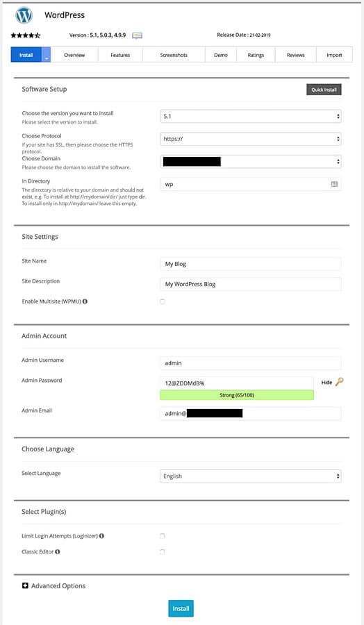 WordPress install form