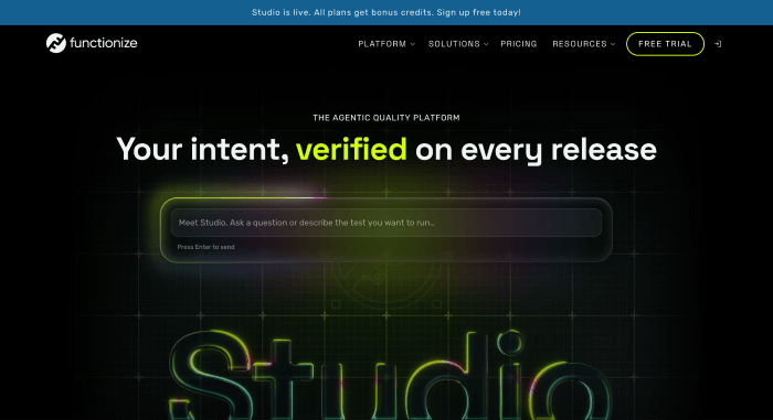 Screenshot of the Functionize AI testing platform website
