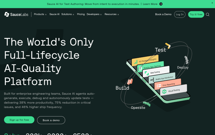 Screenshot of the Sauce Labs cloud testing platform website
