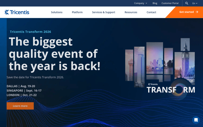 Screenshot of the Tricentis website presenting its enterprise testing solutions