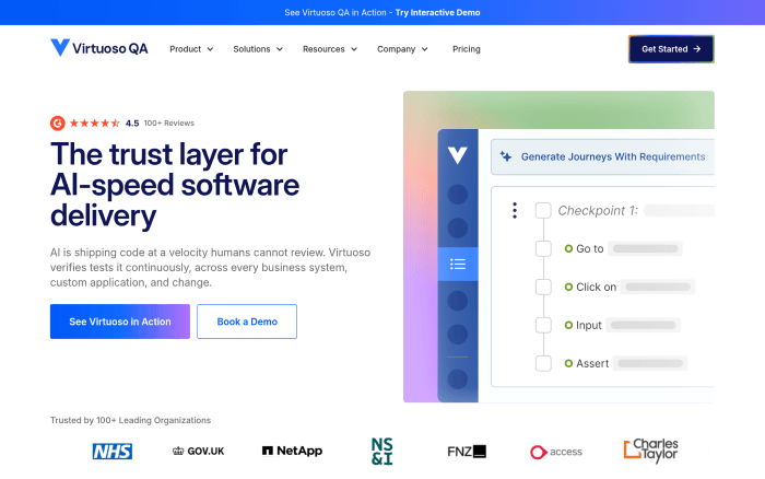 Screenshot of the Virtuoso QA automated testing platform