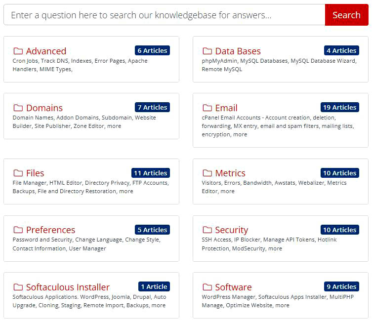 screen shot of the cPanel index page
