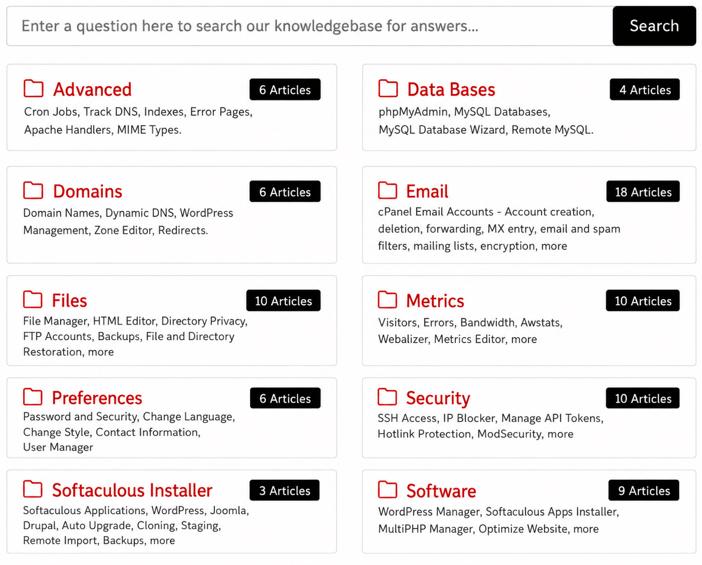 Screen Shot of the Knowledge Base cPanel's Main Index Page