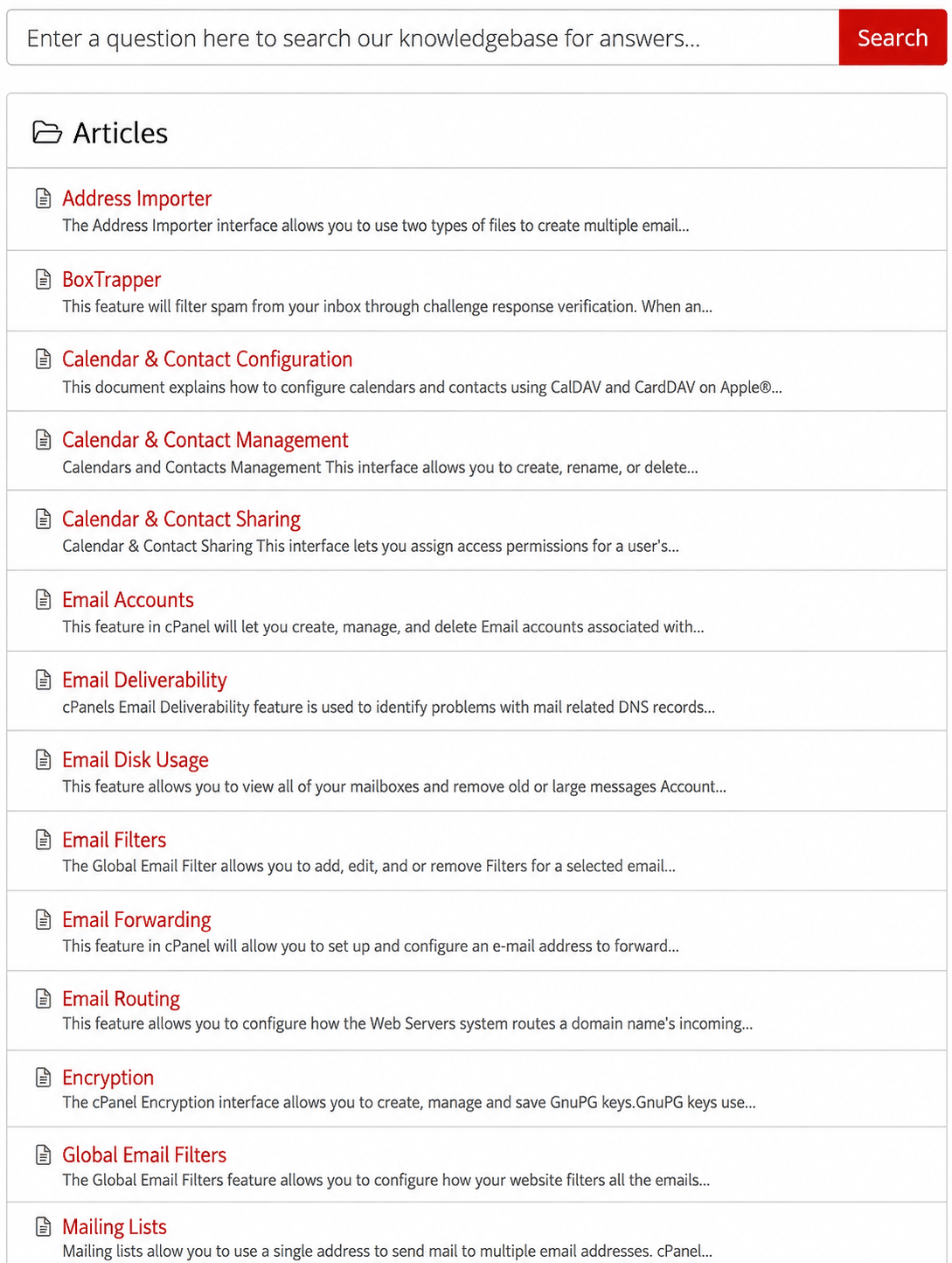 Screen Shot of the Knowledge Base cPanel Categories Index Page