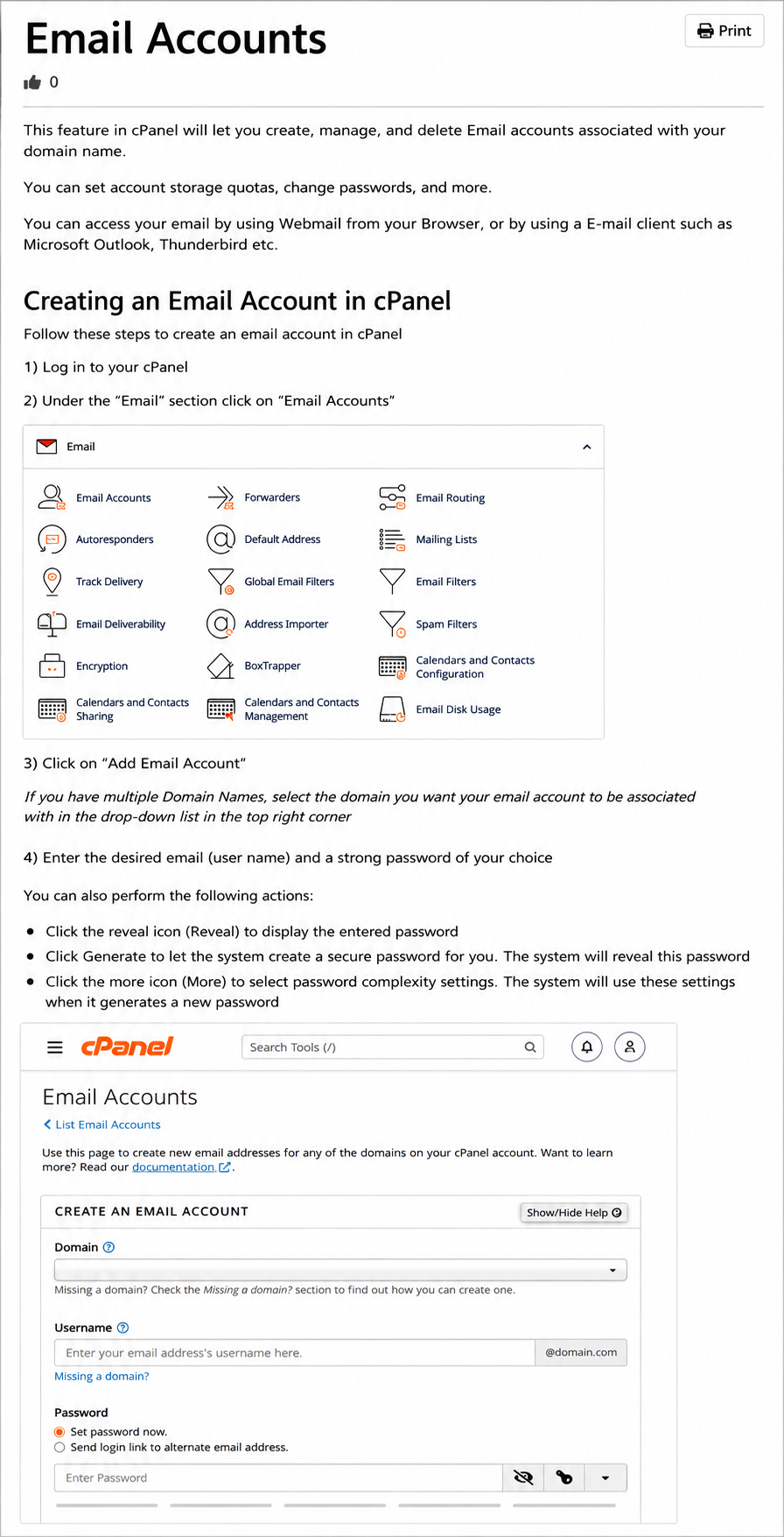 Screen Shot of the Knowledge Base cPanel's Example Page - Email Accounts