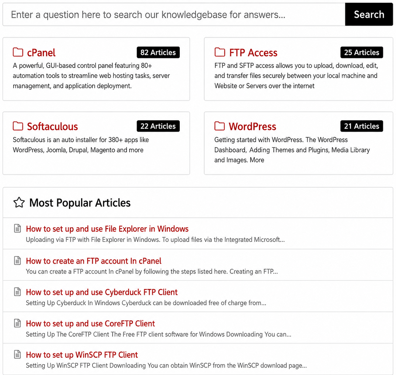 Screen Shot of the Knowledge Base Main Page showing cPanel, WordPress, Softaculous and FTP