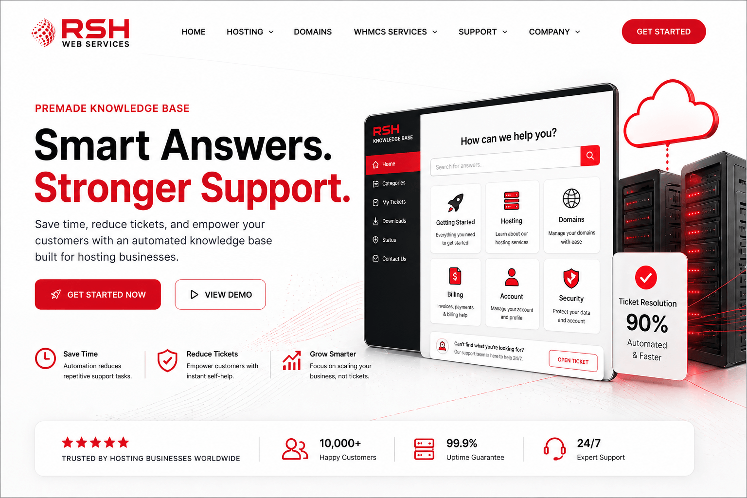WHMCS cPanel knowledge base demo with professional tutorials and visual guides for hosting providers
