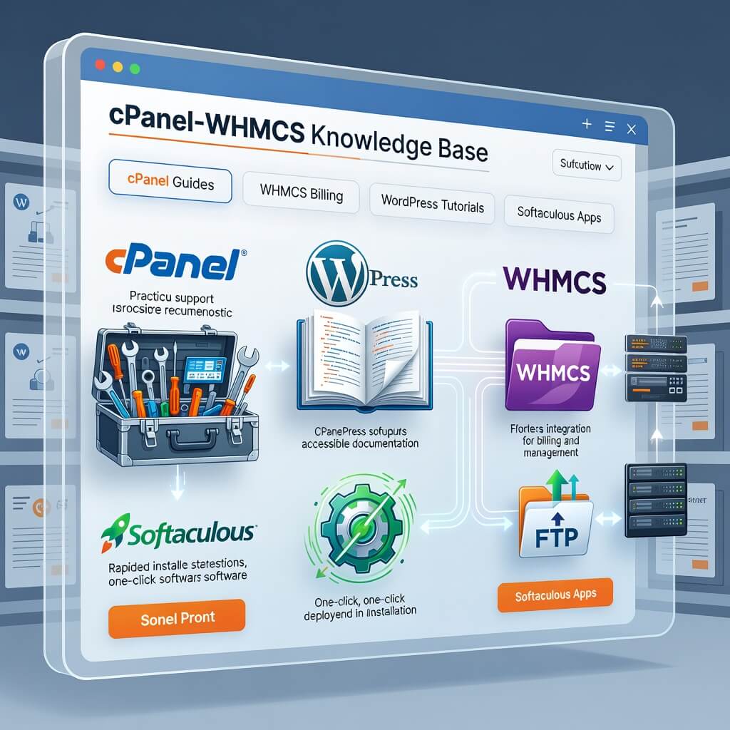 Easy-to-follow WHMCS knowledge base for end users featuring professional cPanel and WordPress guides
