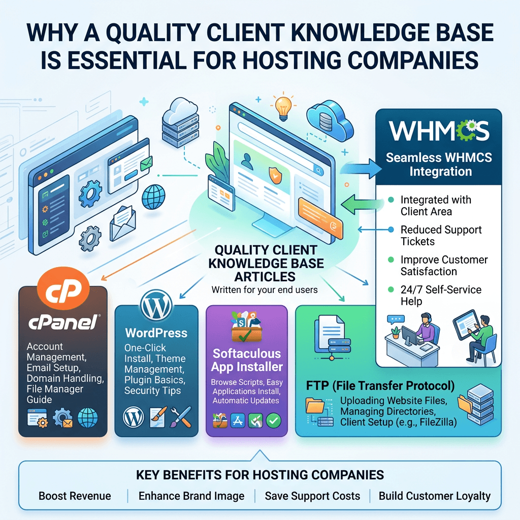 Pre-made WHMCS Knowledge Base articles for cPanel - 150 ready-to-use tutorials with screenshots